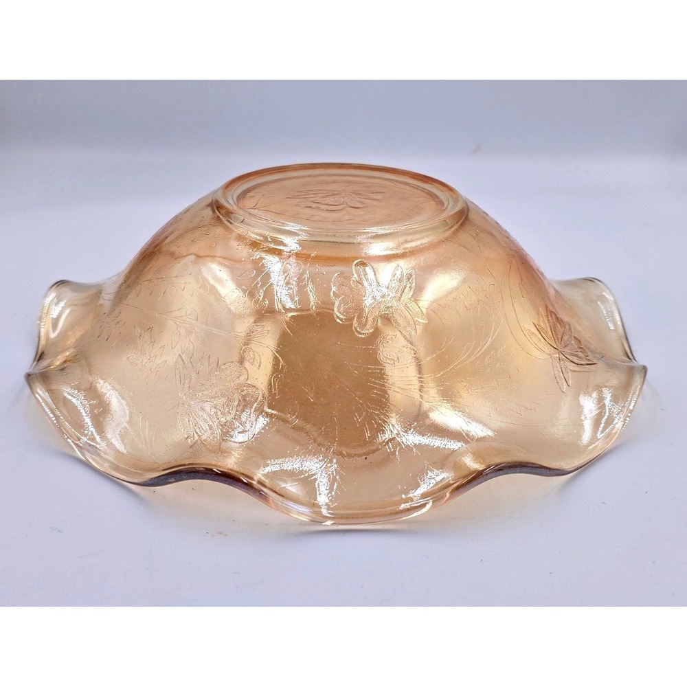 Ruffled Edge Louisa Amber Iridescent Floragold Embossed Depression Glass Dish 9"
